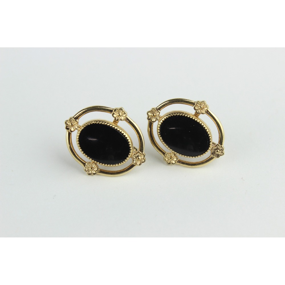 Vintage AMCO 1/20 14K Gold Filled Black Onyx Floral Screw Back Earrings